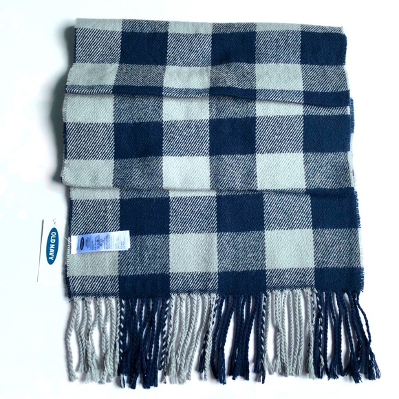 NEW OLD NAVY Pattern Flannel Neck Scarf Fringe Hems Blue Gray 77.5” x 13” Men’s - Picture 2 of 13
